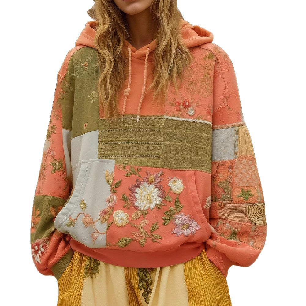 Women's Embroidered Patchwork Hoodie with Flower Applique and Kangaroo Pocket