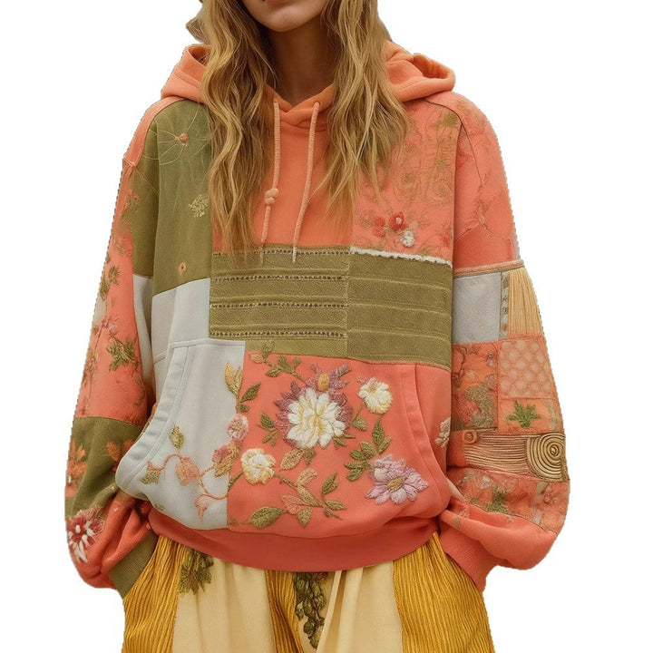 Women's Embroidered Patchwork Hoodie with Flower Applique and Kangaroo Pocket