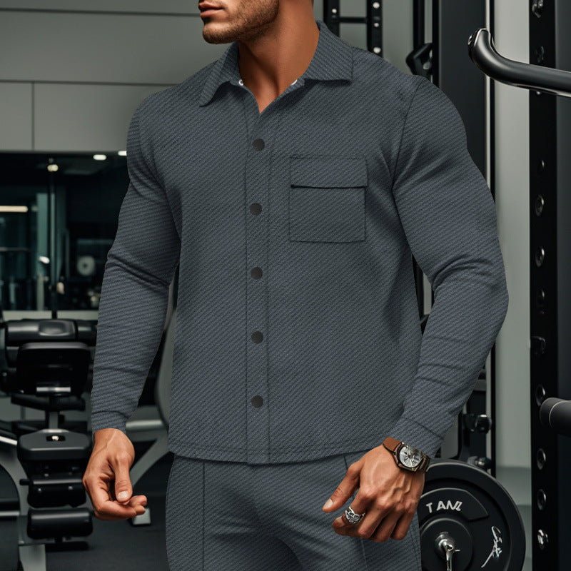 Men's Slim Ribbed Structure Overshirt Jacket with Snap Button Closure and Chest Flap