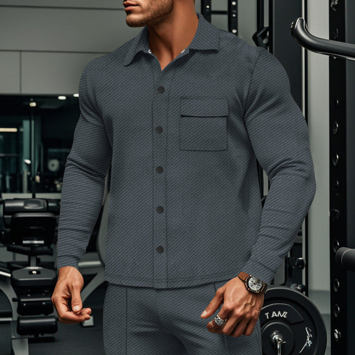 Men's Slim Ribbed Structure Overshirt Jacket with Snap Button Closure and Chest Flap