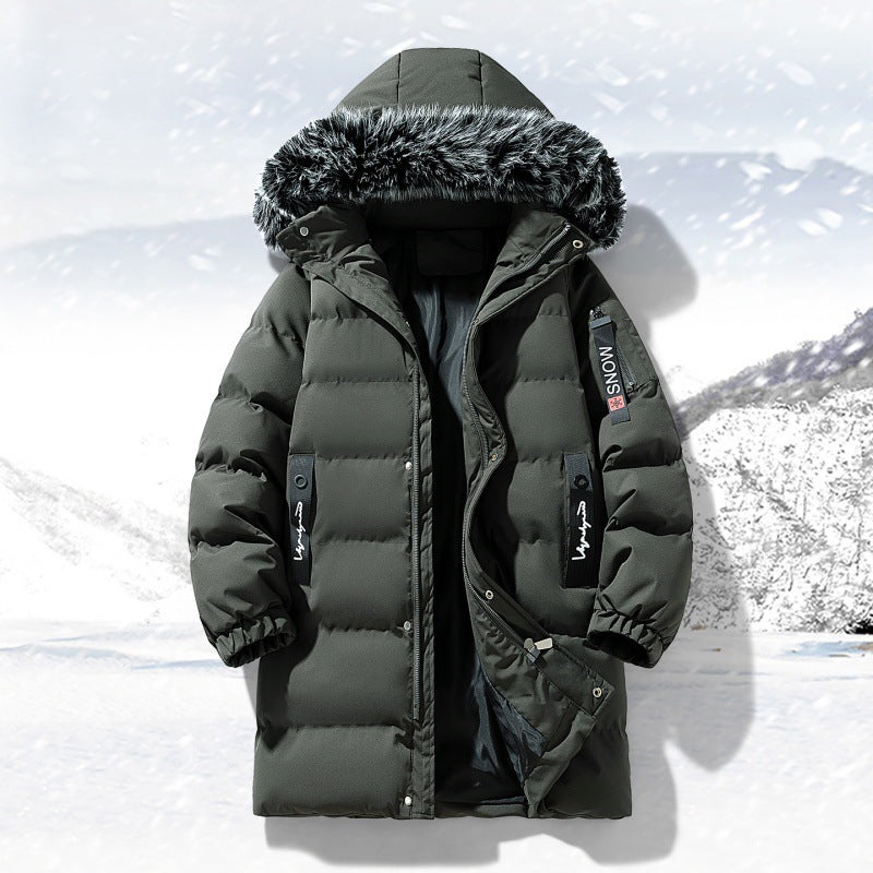 Men's Longer Quilted Parka with Hood and Faux Fur Trim