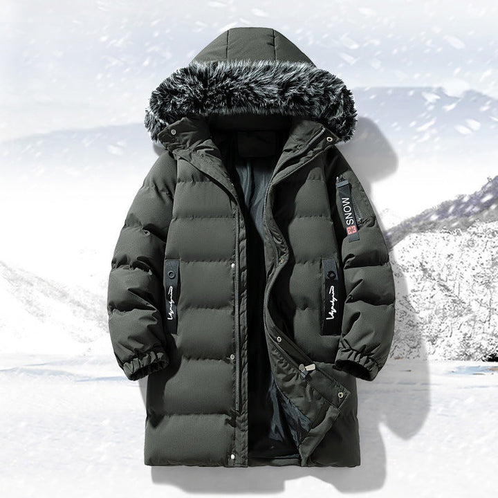 Men's Longer Quilted Parka with Hood and Faux Fur Trim