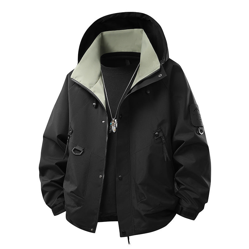 Men's Waterproof Outdoor Utility Rain Jacket with Hood, Multiple Pockets and Adjustable Hem