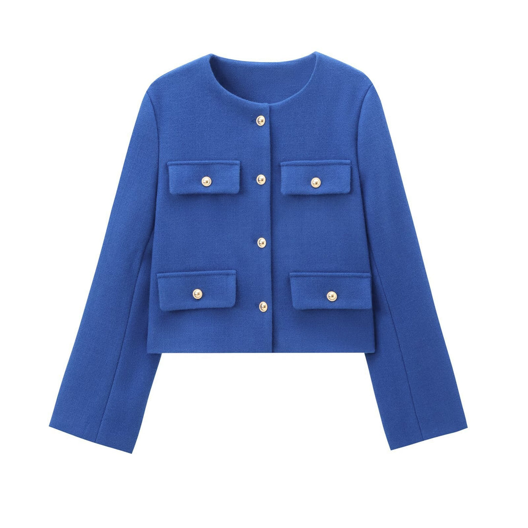Women's Short-cut Bouclé Tweed Jacket with Round Neckline Decorative Button Details and Attached Flap Pockets