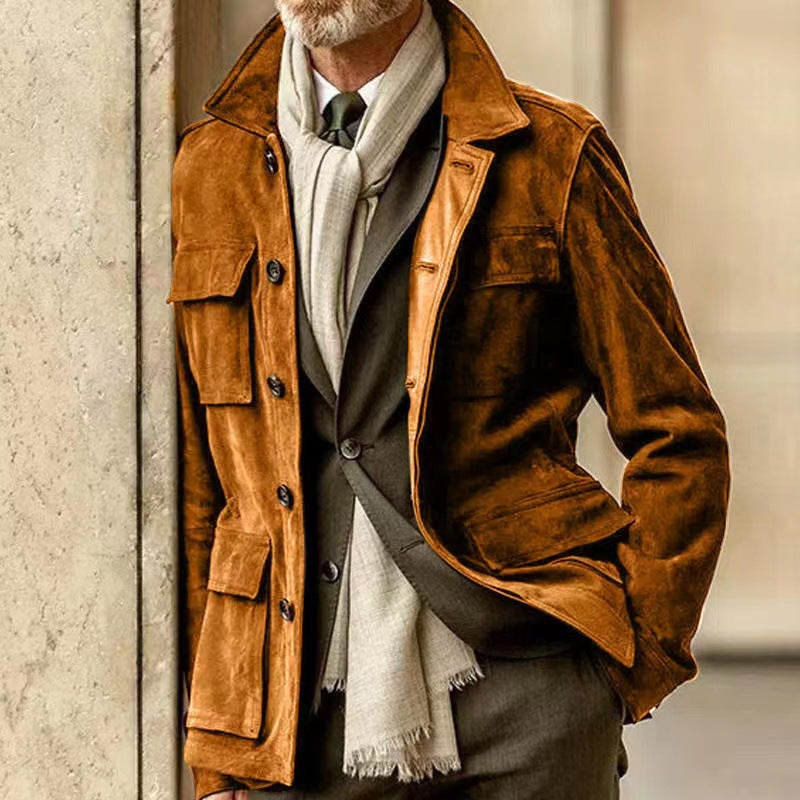 Men's Tailored Field Jacket with Tie Belt, Flap Pockets and Kent Collar