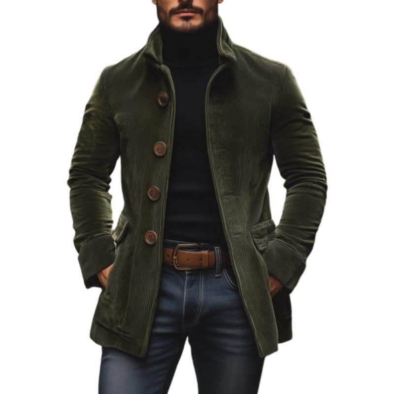 Men's Tailored Cord Coat with Stand-up Collar, Decorative Button Placket and Side Pockets