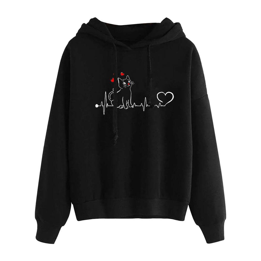 Women Light Oversized Hoodie with Heart EKG Motif, Long Cords and Elastic Cuff