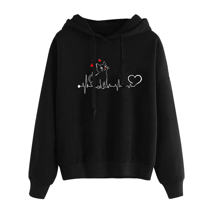 Women Light Oversized Hoodie with Heart EKG Motif, Long Cords and Elastic Cuff