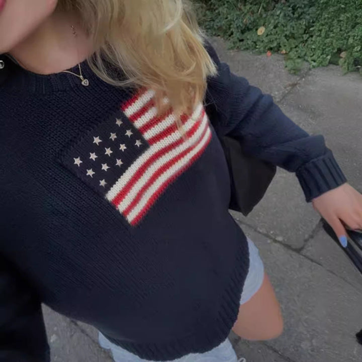 Women's Knitted Sweater with American Flag Motif