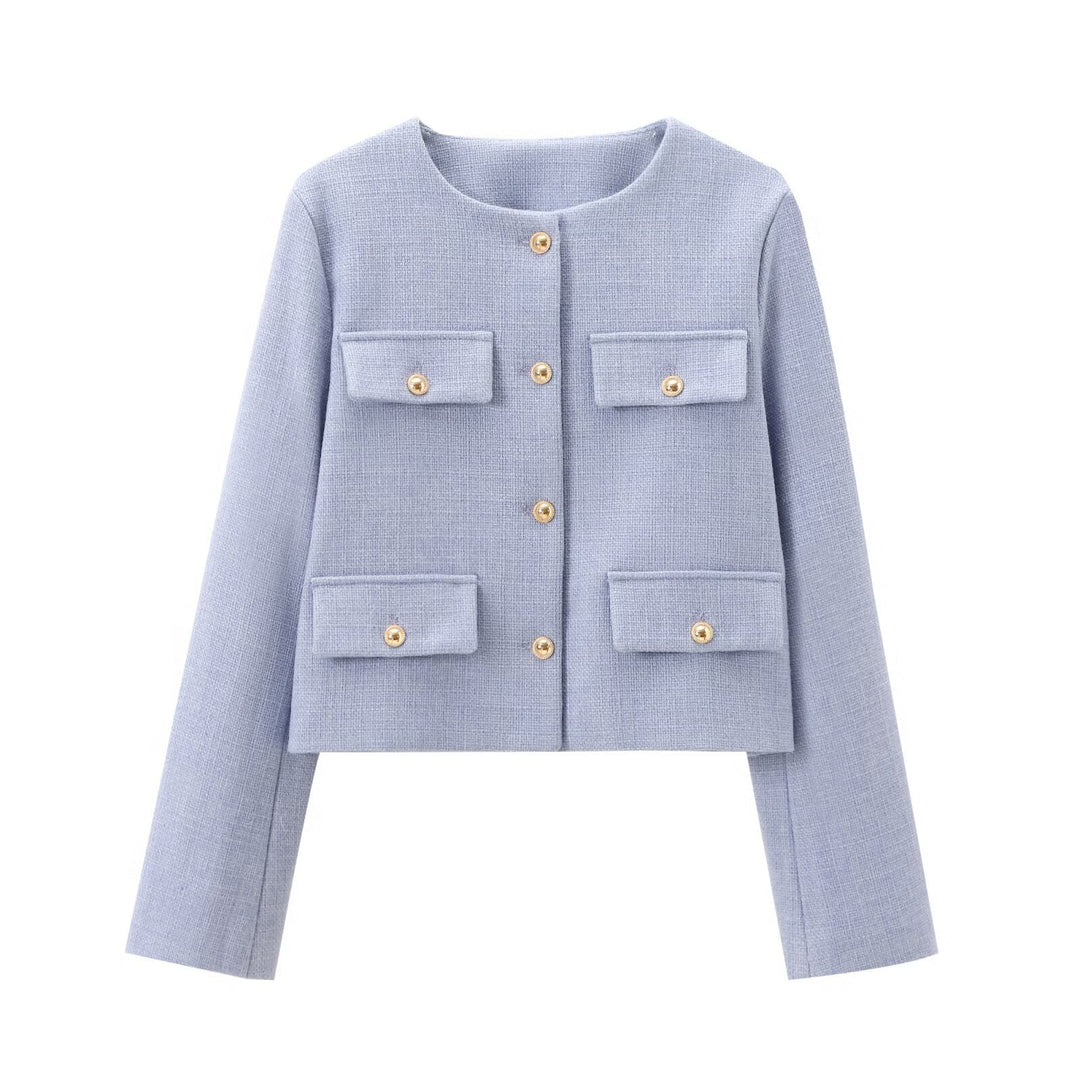 Women's Short-cut Bouclé Tweed Jacket with Round Neckline Decorative Button Details and Attached Flap Pockets