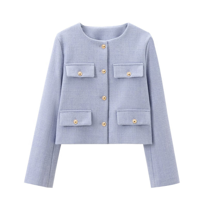 Women's Short-cut Bouclé Tweed Jacket with Round Neckline Decorative Button Details and Attached Flap Pockets