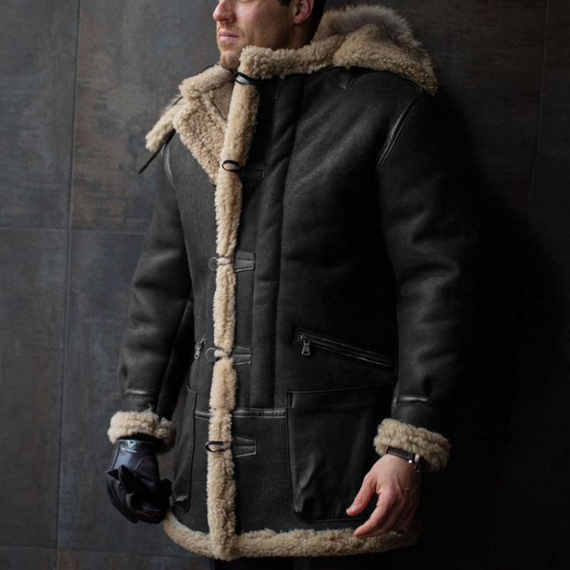 Men's Sheepskin Coat with Hood and Practical Pockets