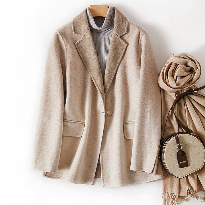 Women's Wool Winter Jacket with Check Pattern and Lapel Collar