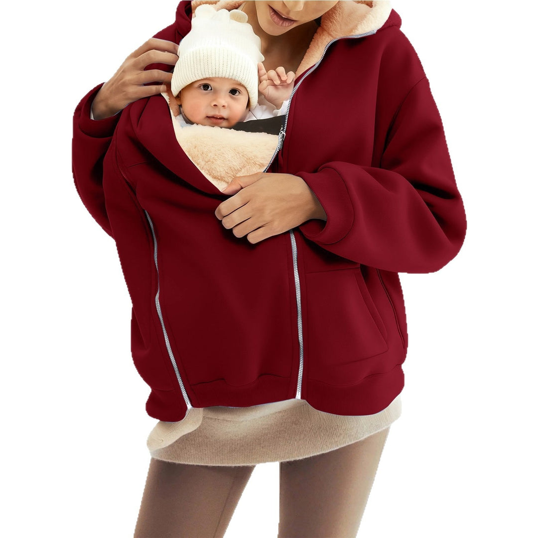 Women Baby Carrier Hoodie with Teddy Lining and Two-way Zipper
