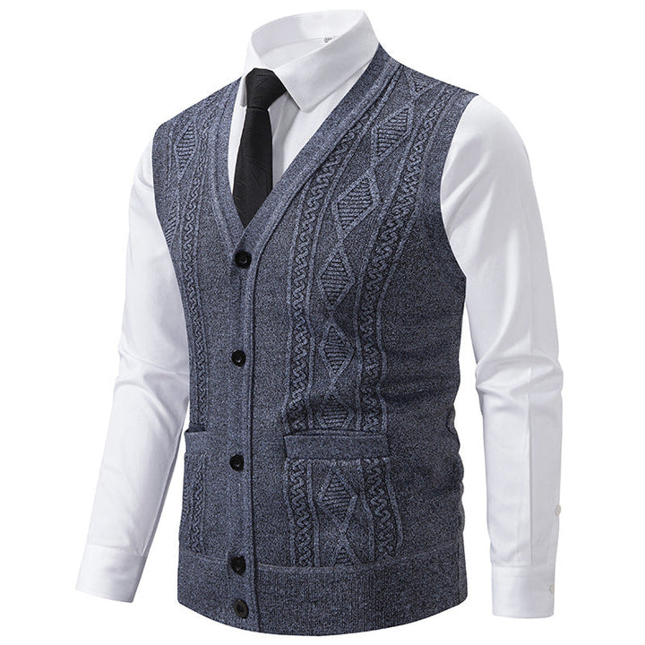 Men's V-neck Knitted Vest with Cable Pattern, Continuous Button Placket and Patch Pockets