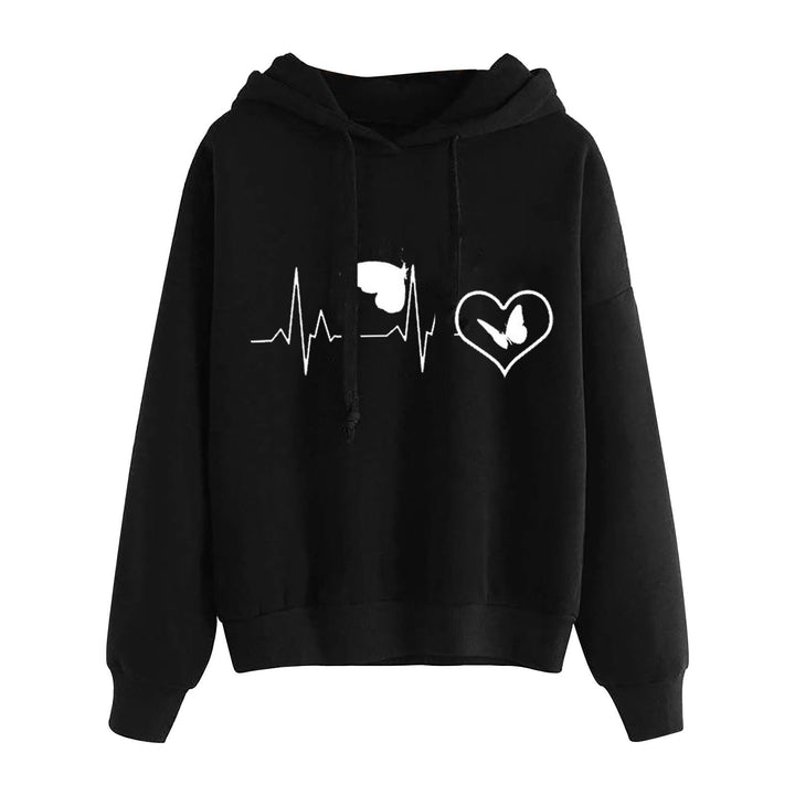 Women Light Oversized Hoodie with Heart EKG Motif, Long Cords and Elastic Cuff