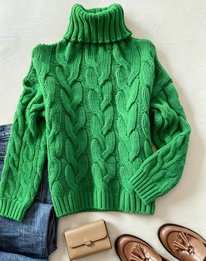 Women's Chunky Knit Turtleneck Sweater with Distinctive Cable Patterns and Ribbed Cuffs