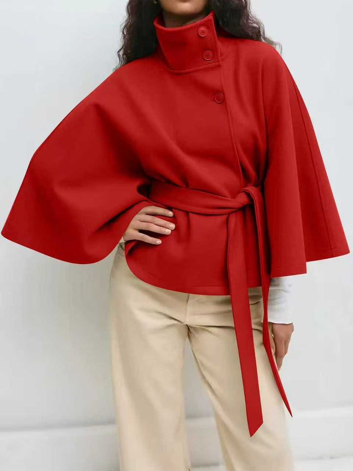 Women's Widely Cut Cape Coat with High Stand-up Collar, Button Placket, and Tie Belt