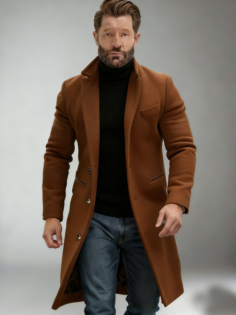 Men's Elegant Single-Breasted Long Coat made of Wool Blend with Slim Silhouette and Lapel Collar