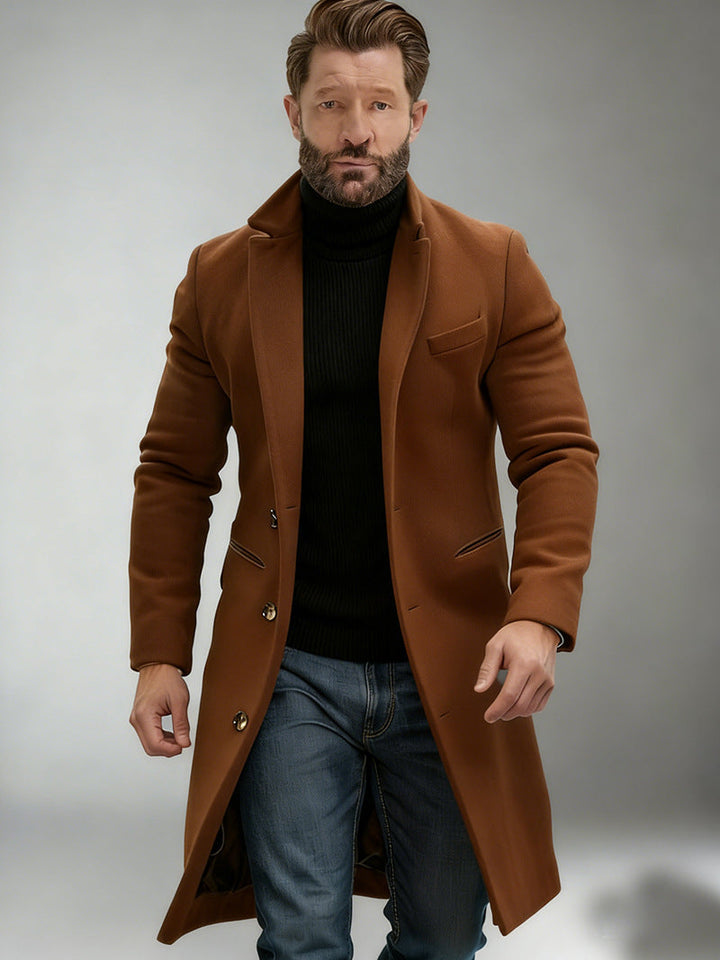 Men's Elegant Single-Breasted Long Coat made of Wool Blend with Slim Silhouette and Lapel Collar