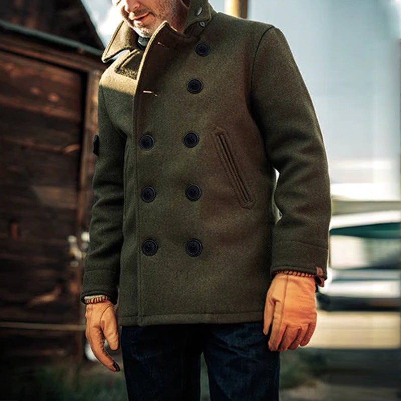 Men's Double-Breasted Wool Coat in Peacoat Style with High Collar