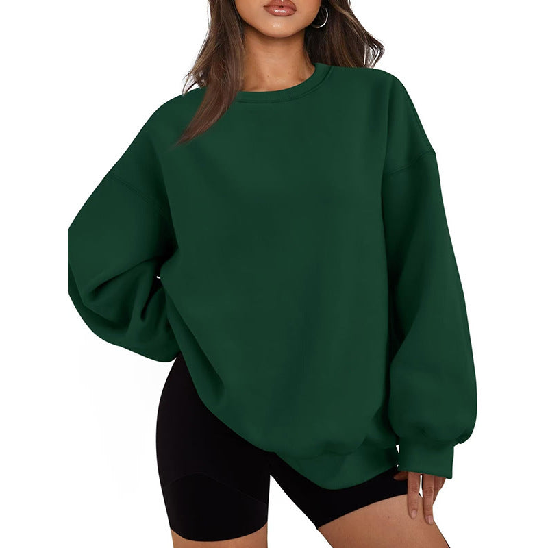 Women's Oversized Crew Neck Sweatshirt with Dropped Shoulder, Soft Fleece Lining, and Ribbed Cuffs