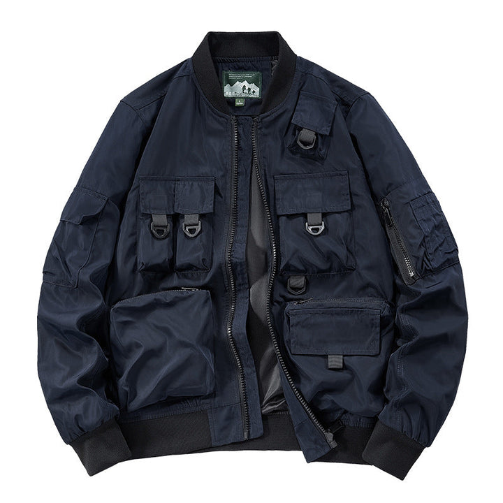 Men's Multifunctional Utility Bomber Jacket with Numerous Pockets, D-ring Details, and Wind-resistant Nylon Shell
