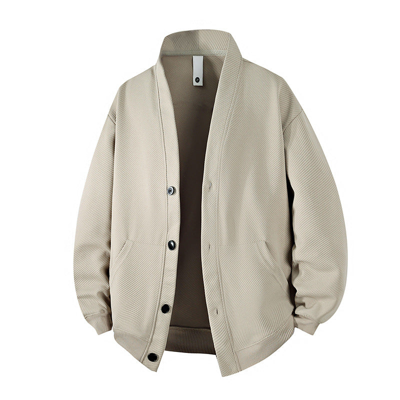 Men's Structured Knit Cardigan Jacket with Continuous Button Placket and Patch Pockets