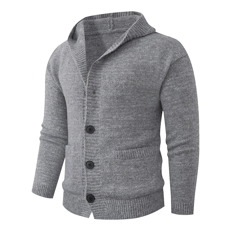 Men's Hooded Knitted Cardigan made of Thermal Fine Knit with a Continuous Button Placket and Side Pockets