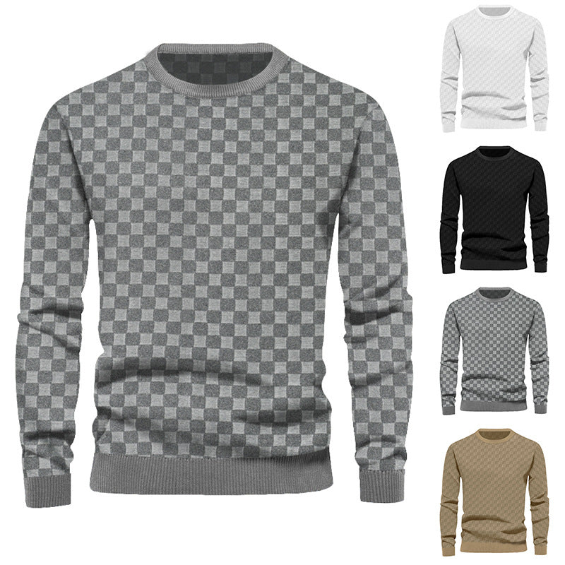 Men's Finely Structured Round Neck Sweater with Check Relief and Ribbed Cuffs