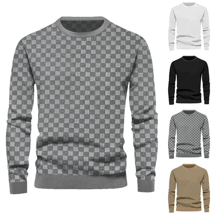 Men's Finely Structured Round Neck Sweater with Check Relief and Ribbed Cuffs