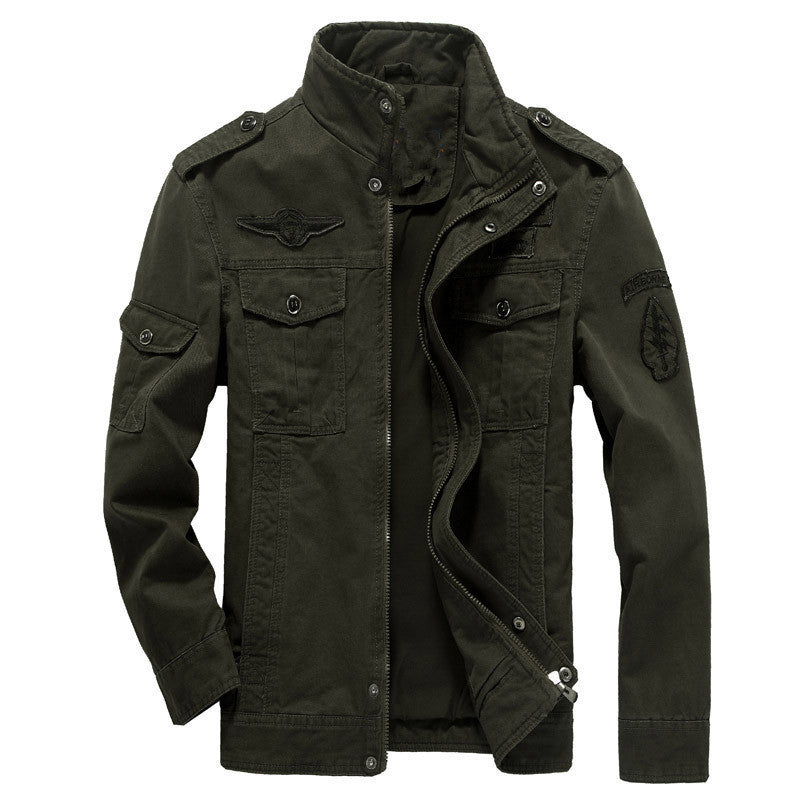 Men's Canvas Field Jacket in Military Utility Style with Shoulder Epaulettes and Multi Pockets
