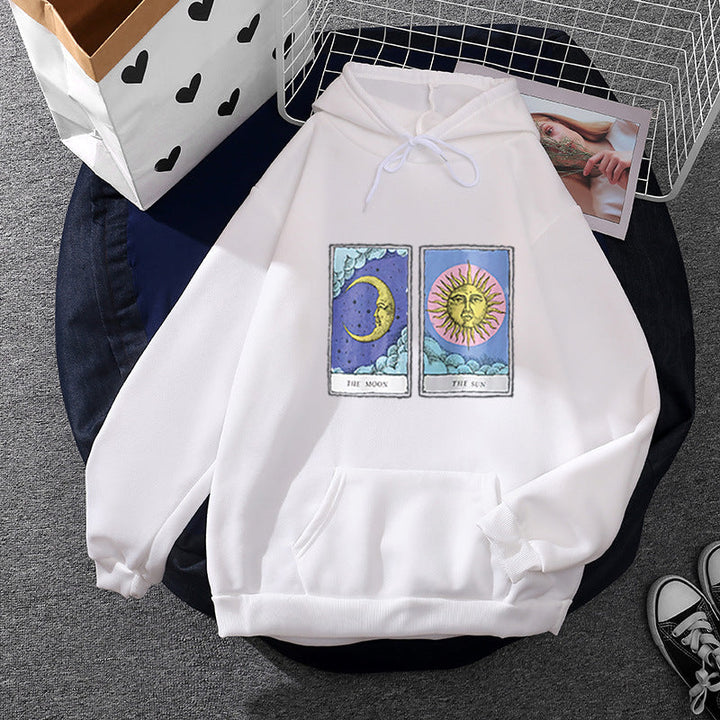 Women Light Oversized Hoodie with Heart EKG Motif, Long Cords and Elastic Cuff