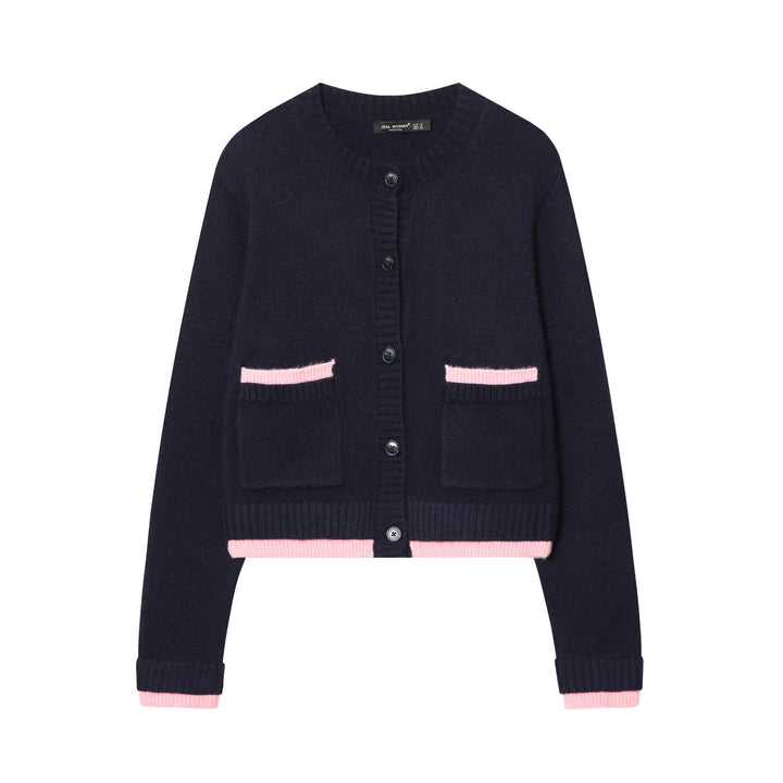 Women's Shortened Cardigan with Button Placket, Ribbed Cuffs, and Decorative Pockets