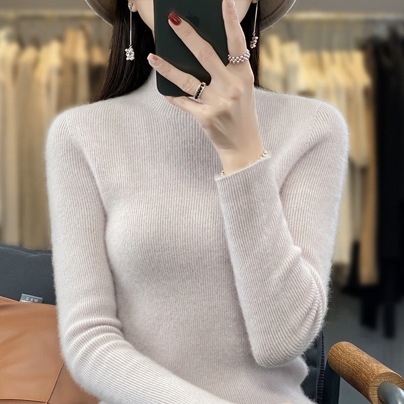 Women's Slim Fine Knit Mock Neck Sweater made of Fine Angora Blend