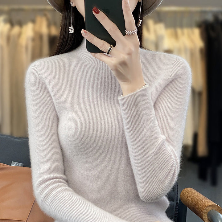 Women's Slim Fine Knit Mock Neck Sweater made of Fine Angora Blend