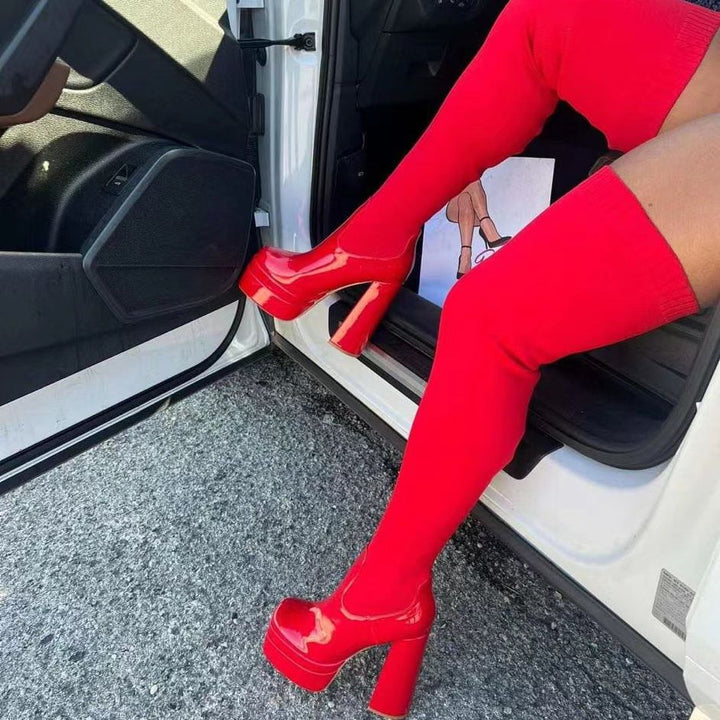 Women's Over-the-knee Boots with Platform Sole and Elastic Shaft Construction
