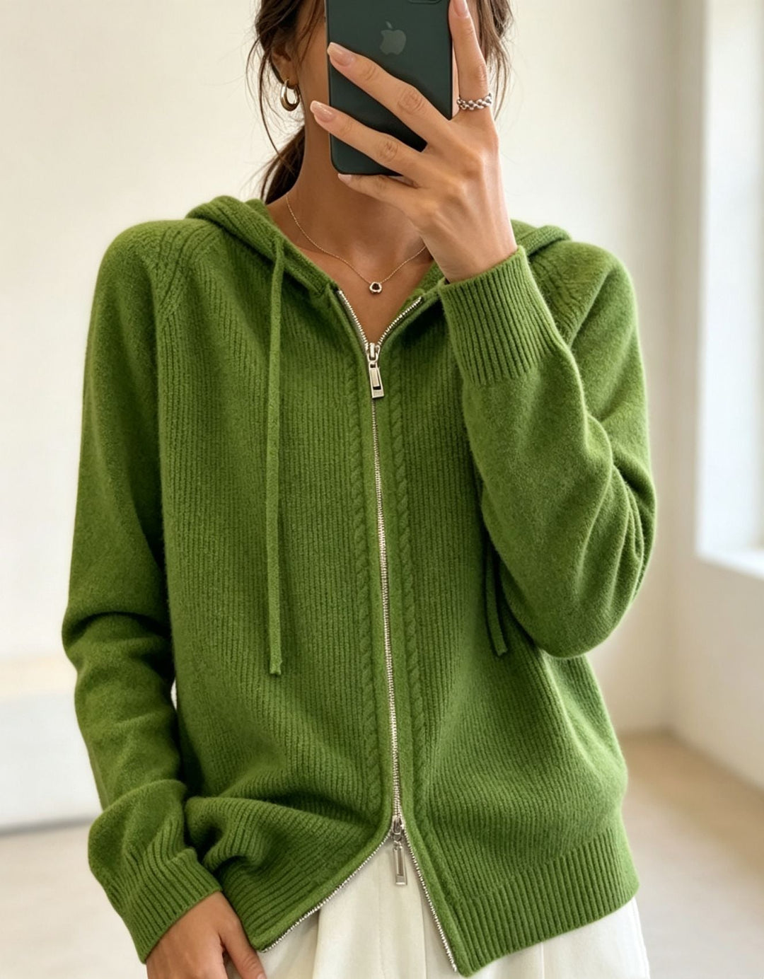 Women's Hooded Cardigan with Zipper, Fine Knit and Ribbed Cuffs