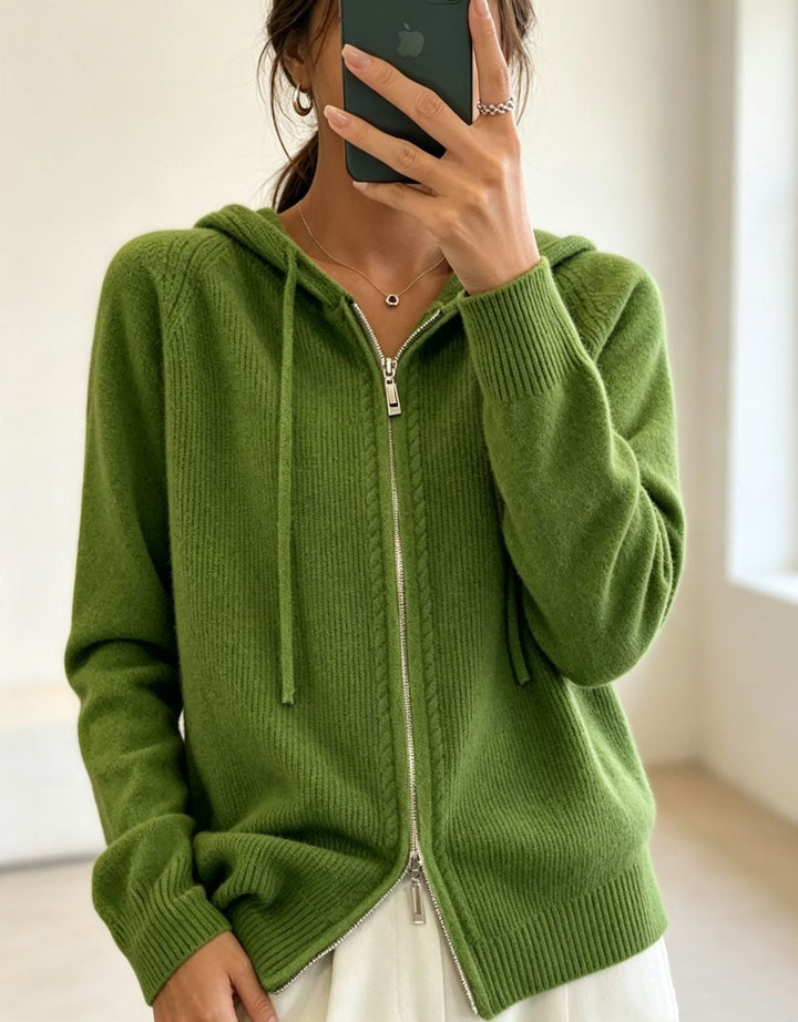 Women's Hooded Cardigan with Zipper, Fine Knit and Ribbed Cuffs