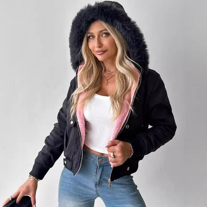 Women's Short Blouson Winter Jacket with Teddy Lining and Removable Faux Fur Hood