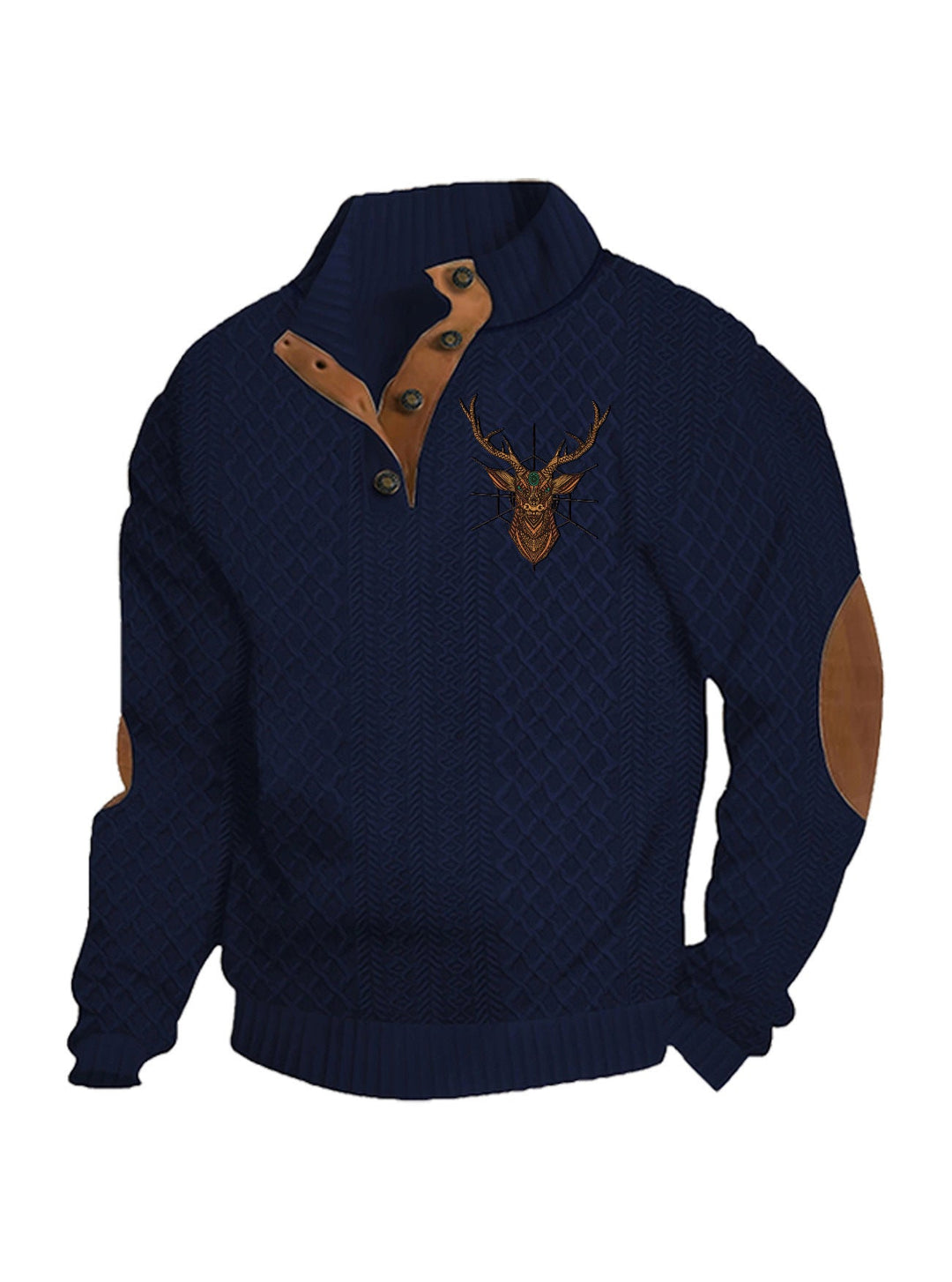 Men's Heritage Textured Pullover with Stand-up Collar Faux Leather Trim Elbow Patches and Half-button Placket