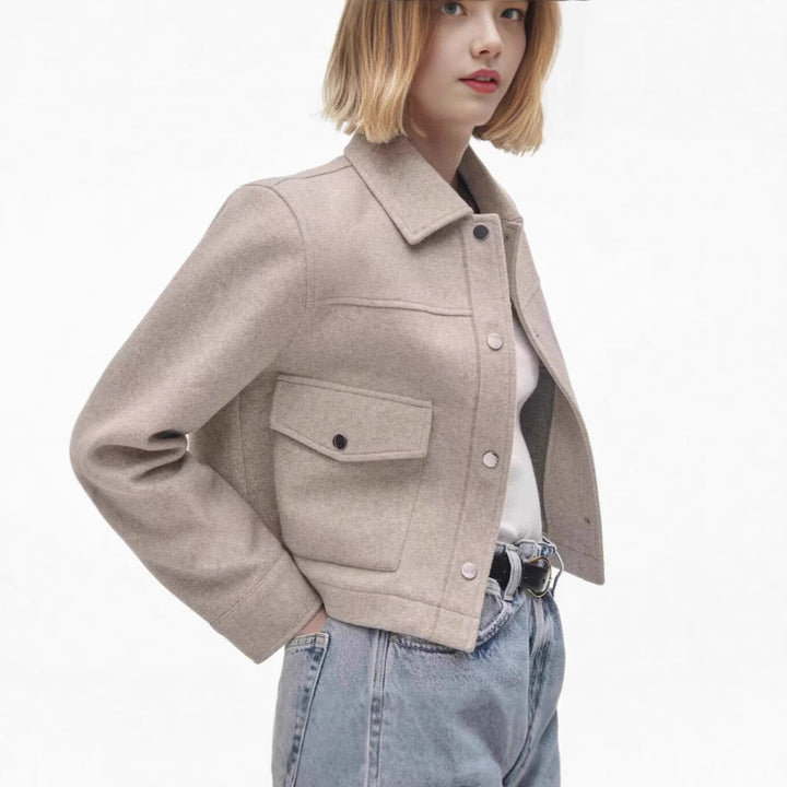 Women's Short Wool Jacket in Classic Style with Patch Pockets