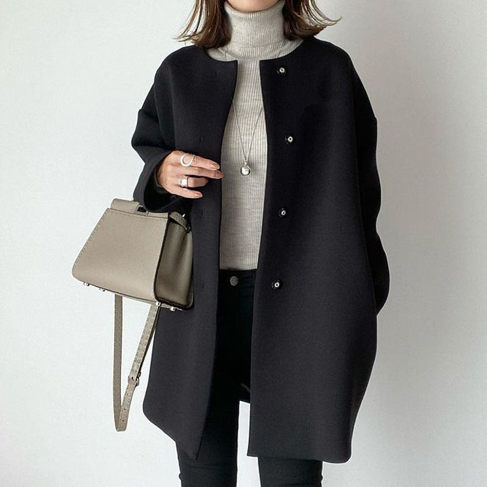 Women Oversized Wool Blend Coat with Pearl Buttons and Straight Cut