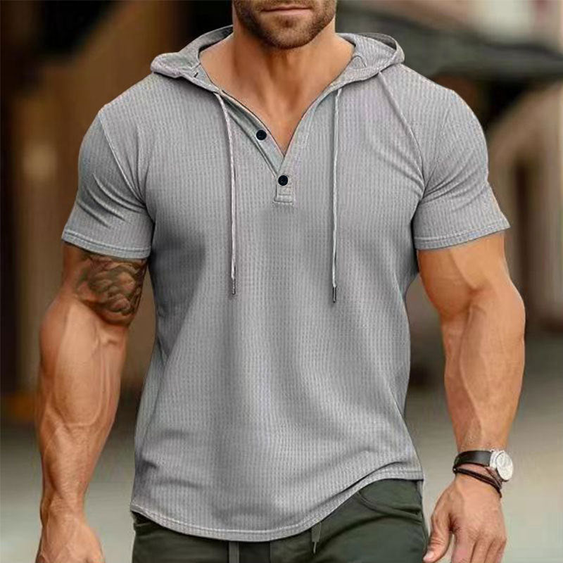 Men's Short Sleeve Hooded Polo with Three-button Placket and Fine Structured Jersey