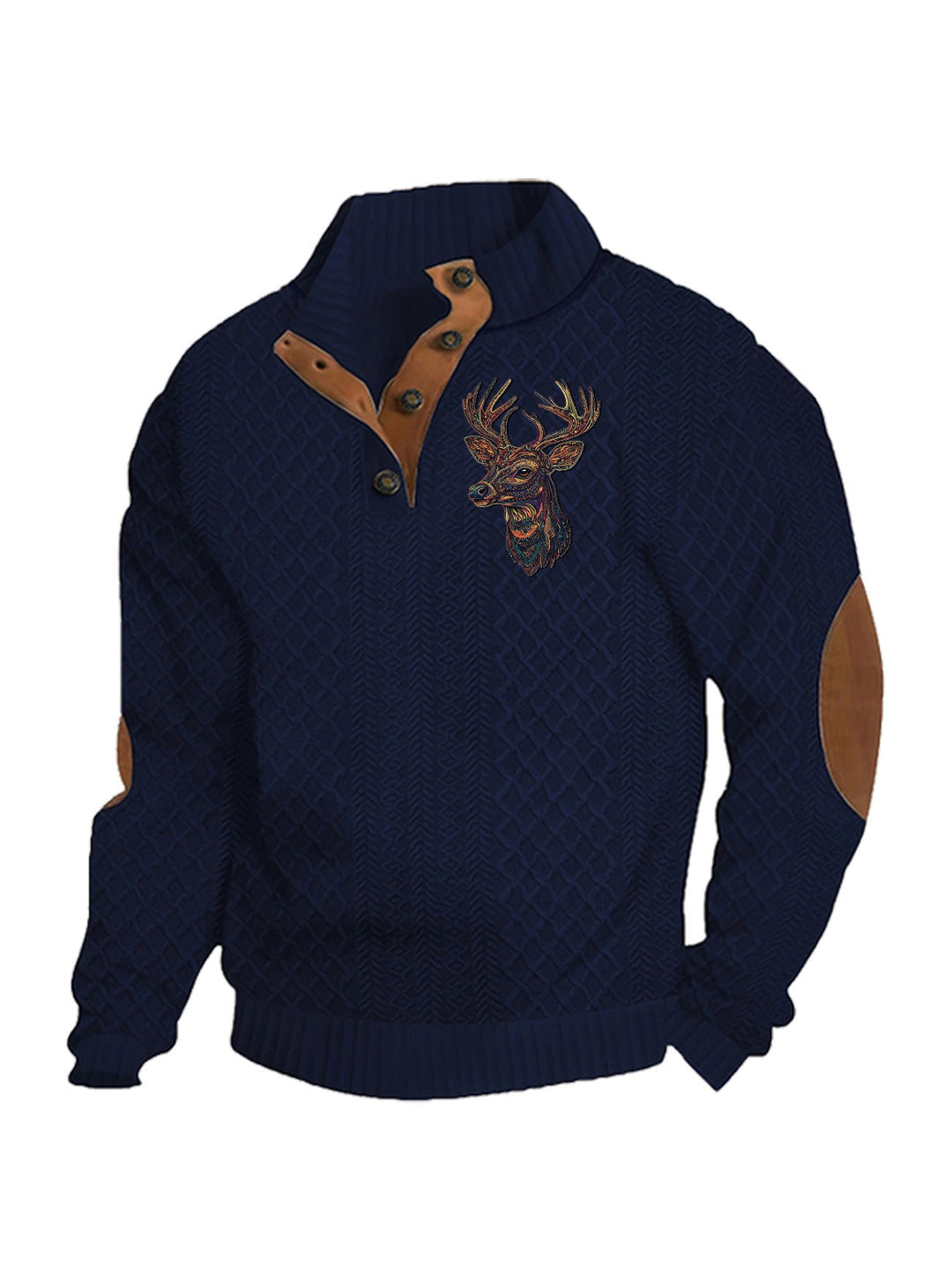 Men's Heritage Textured Pullover with Stand-up Collar Faux Leather Trim Elbow Patches and Half-button Placket