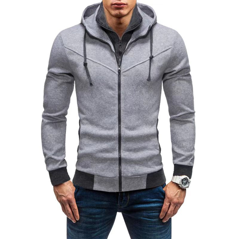 Men's Slim-Fit Hoodie Jacket with Concealed Zipper Double Collar and Contrasting Cuffs
