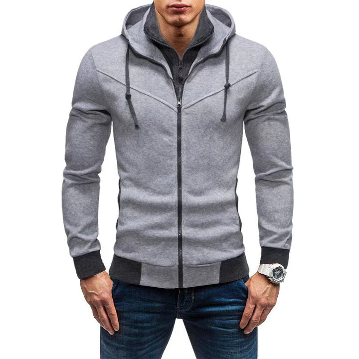 Men's Slim-Fit Hoodie Jacket with Concealed Zipper Double Collar and Contrasting Cuffs