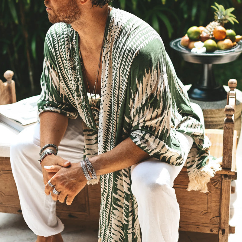 Men's Lightweight Beach Poncho in Kimono Style with Fringe