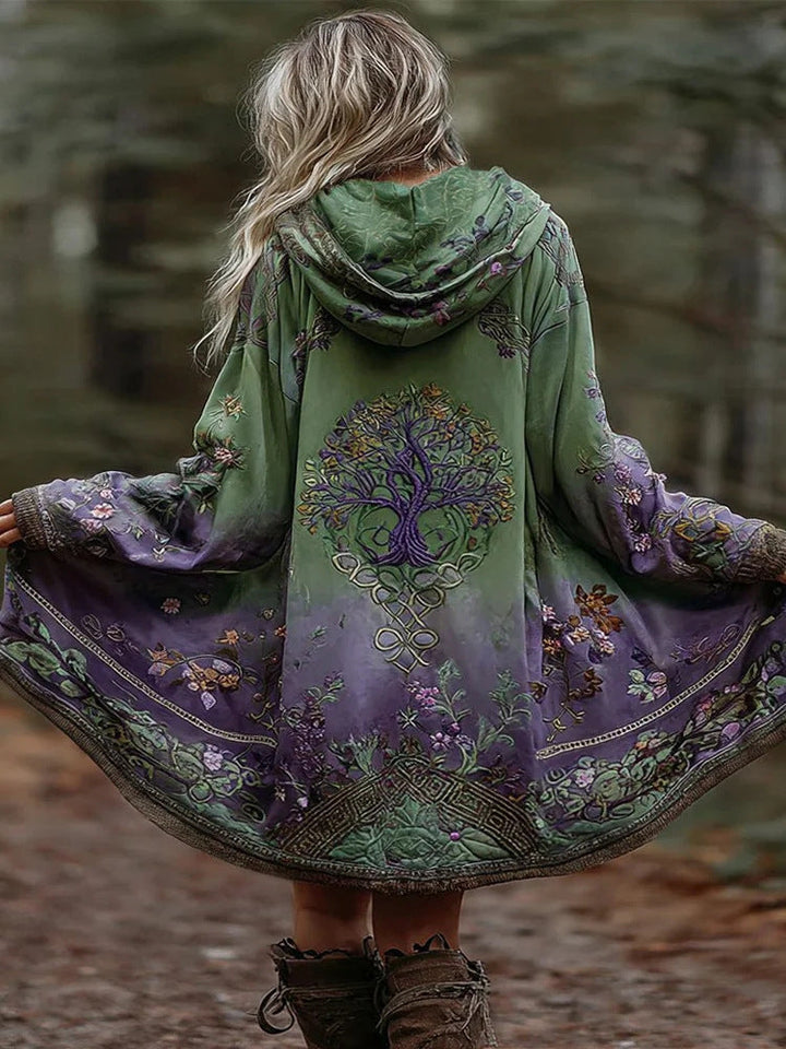 Women's Boho Hooded Coat in Swing Cut with Tree Motif and Gradient