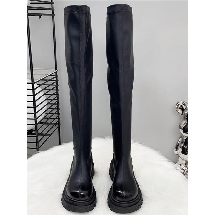 Women's Thigh-High Stretch Boots with Sleek Shaft and Shaped Platform Sole